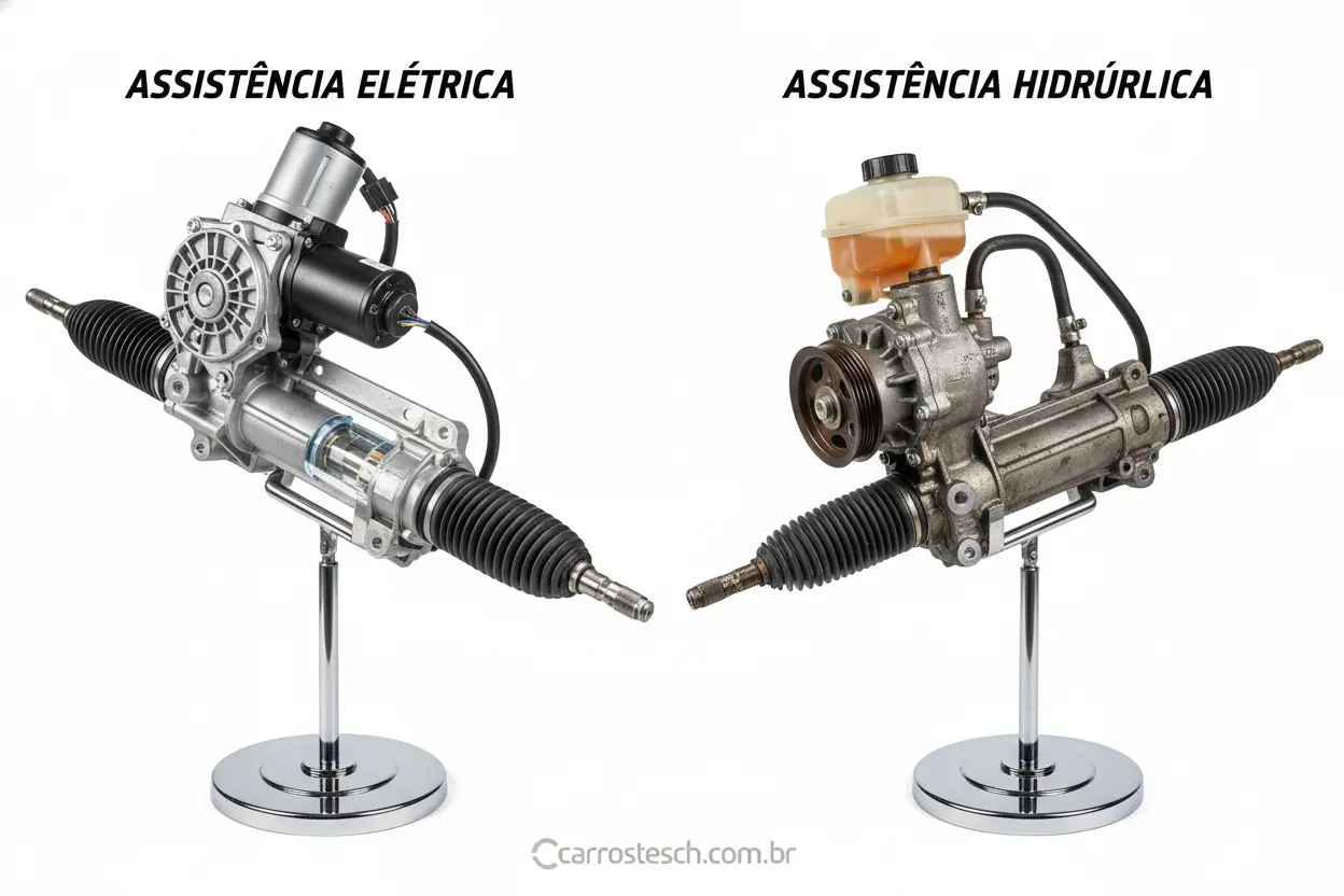 Comparativo visual de como funciona a direção elétrica e a hidráulica.