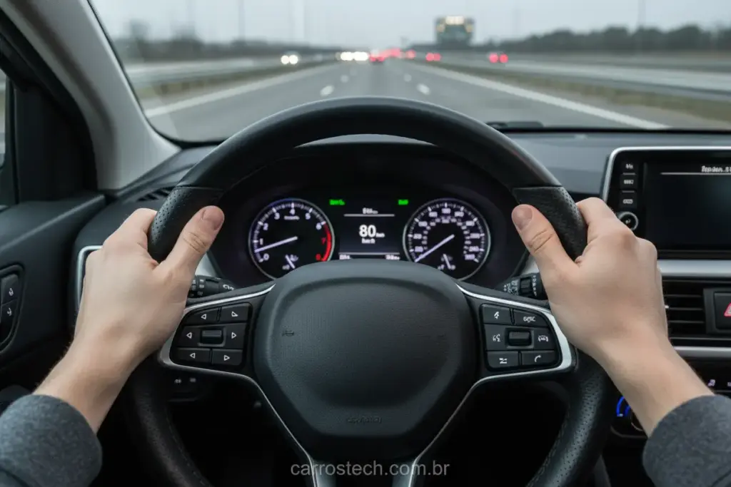Mãos no volante de carro com direção elétrica leve
