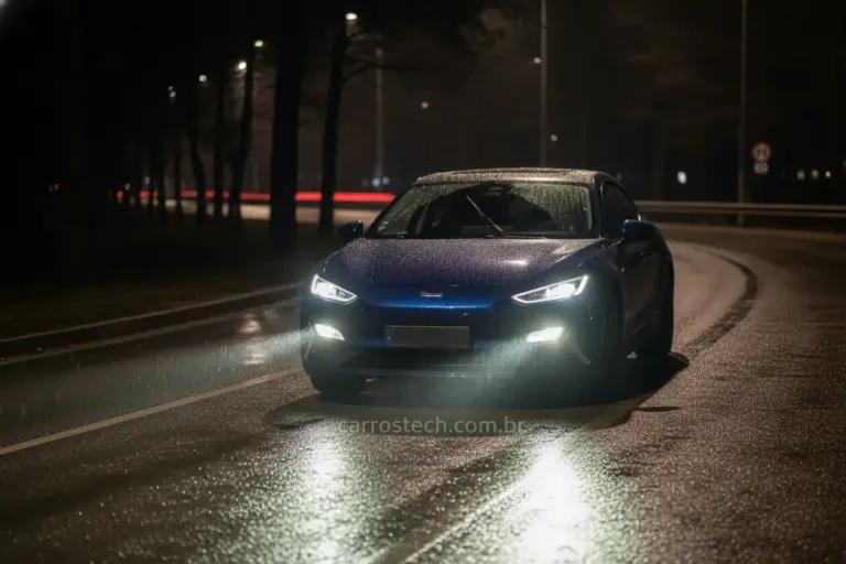 Carro com farol de milha aceso em estrada escura