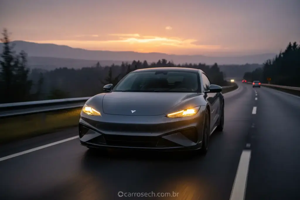 Carro com farol de milha aceso em estrada com neblina