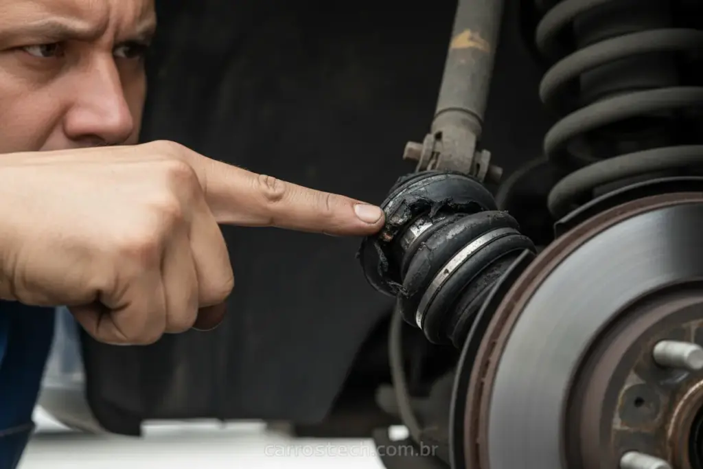 Mecânico verificando homocinética danificada em carro