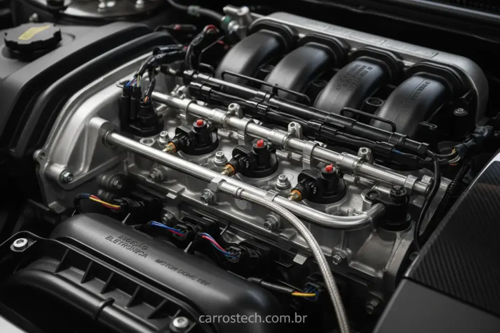 Motor de carro com sistema de injeção eletrônica limpo e brilhante.