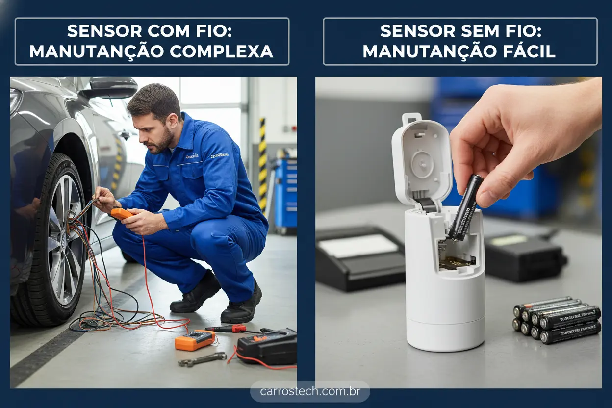 Comparativo de manutenção para sensor de estacionamento com fio ou sem fio.