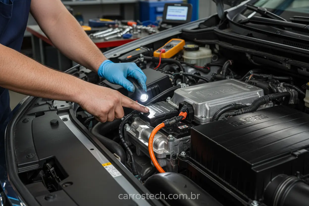 Mecânico verificando sistema de direção elétrica