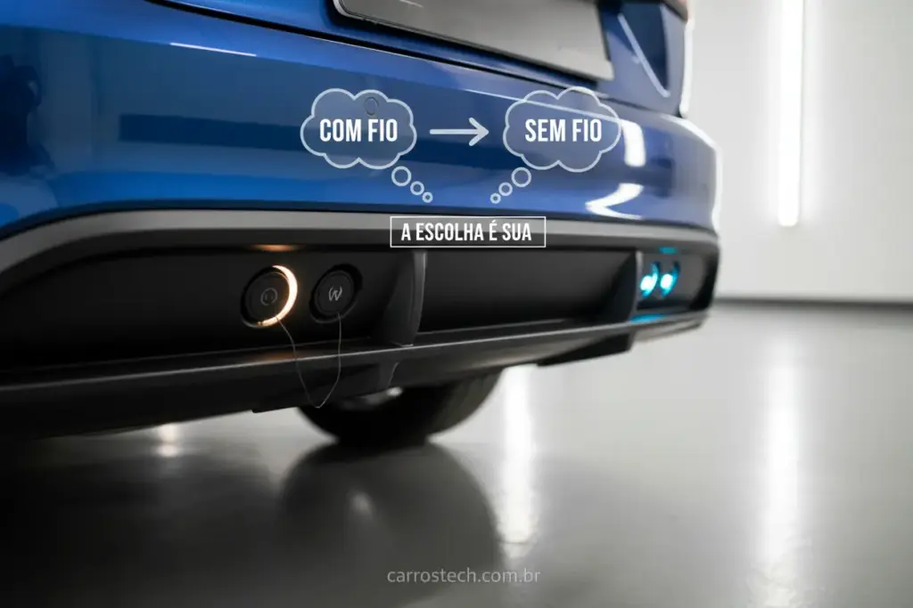 Dois tipos de sensor de estacionamento, com fio e sem fio, instalados em um carro moderno.