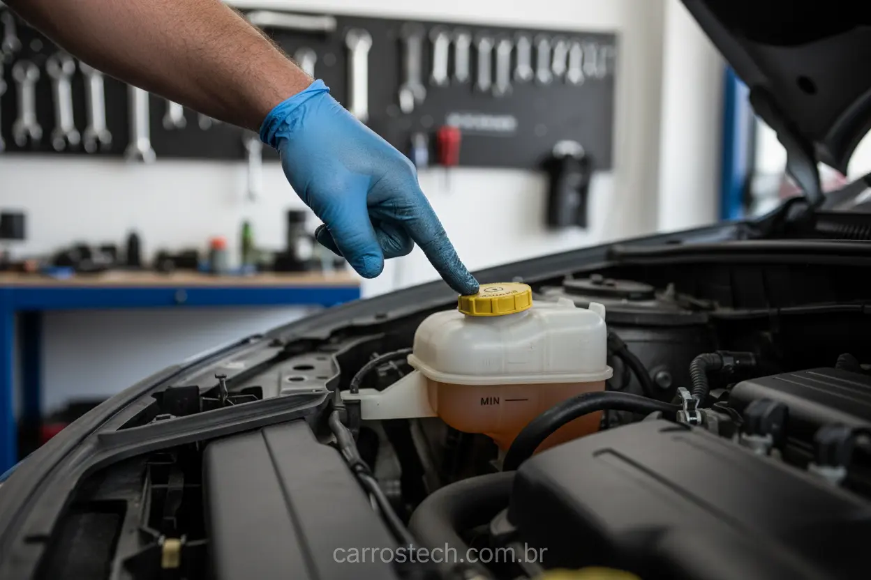 Verificando o Fluido de Freio do Carro Mecânico verificando o nível do fluido de freio